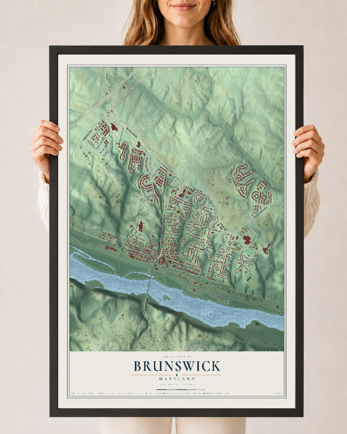 Map of Brunswick, Maryland, 24 x 36 inch print in a black wood frame