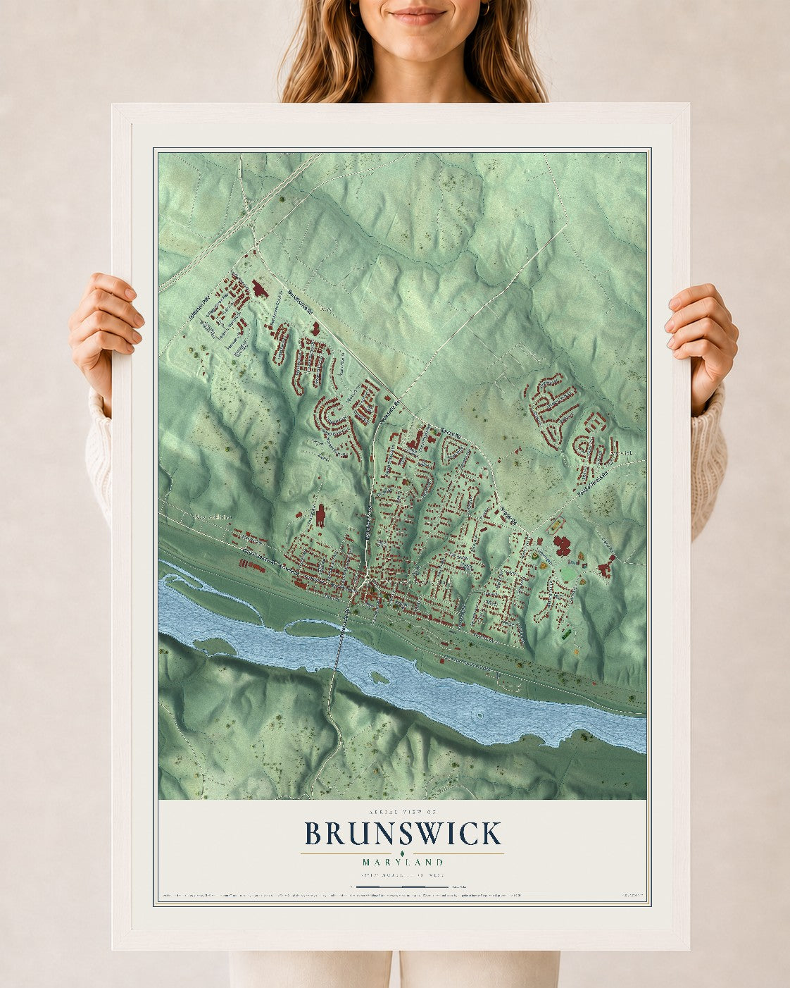 Map of Brunswick, Maryland, 24 x 36 inch print in a white wood frame