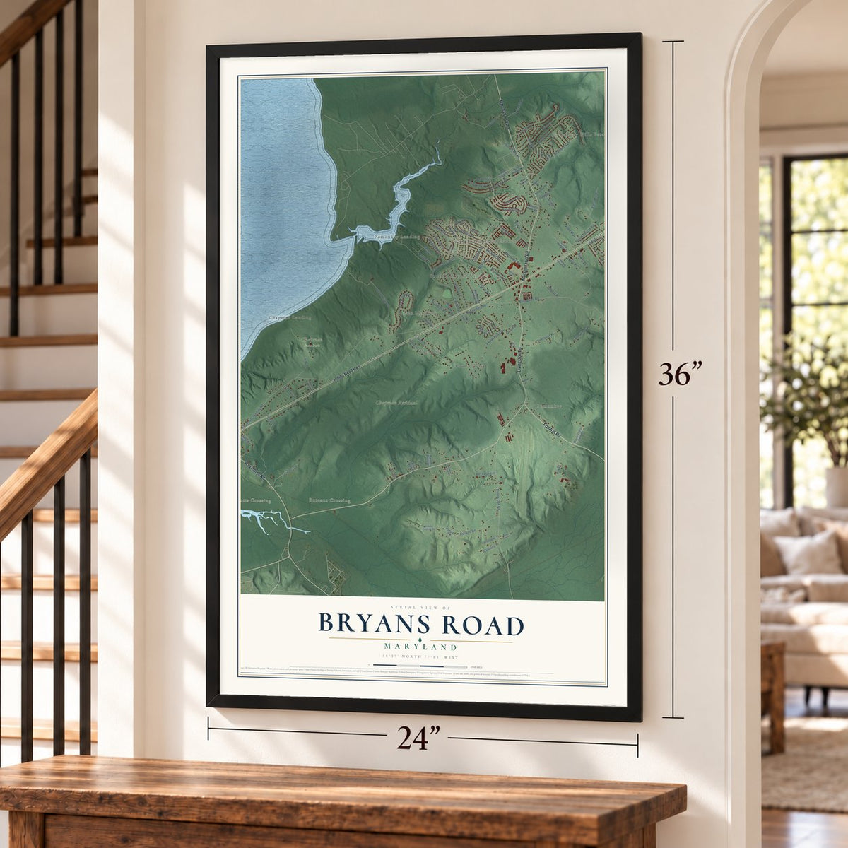 Bryans Road, Maryland map, 24 x 36 inch print in a black frame by a staircase