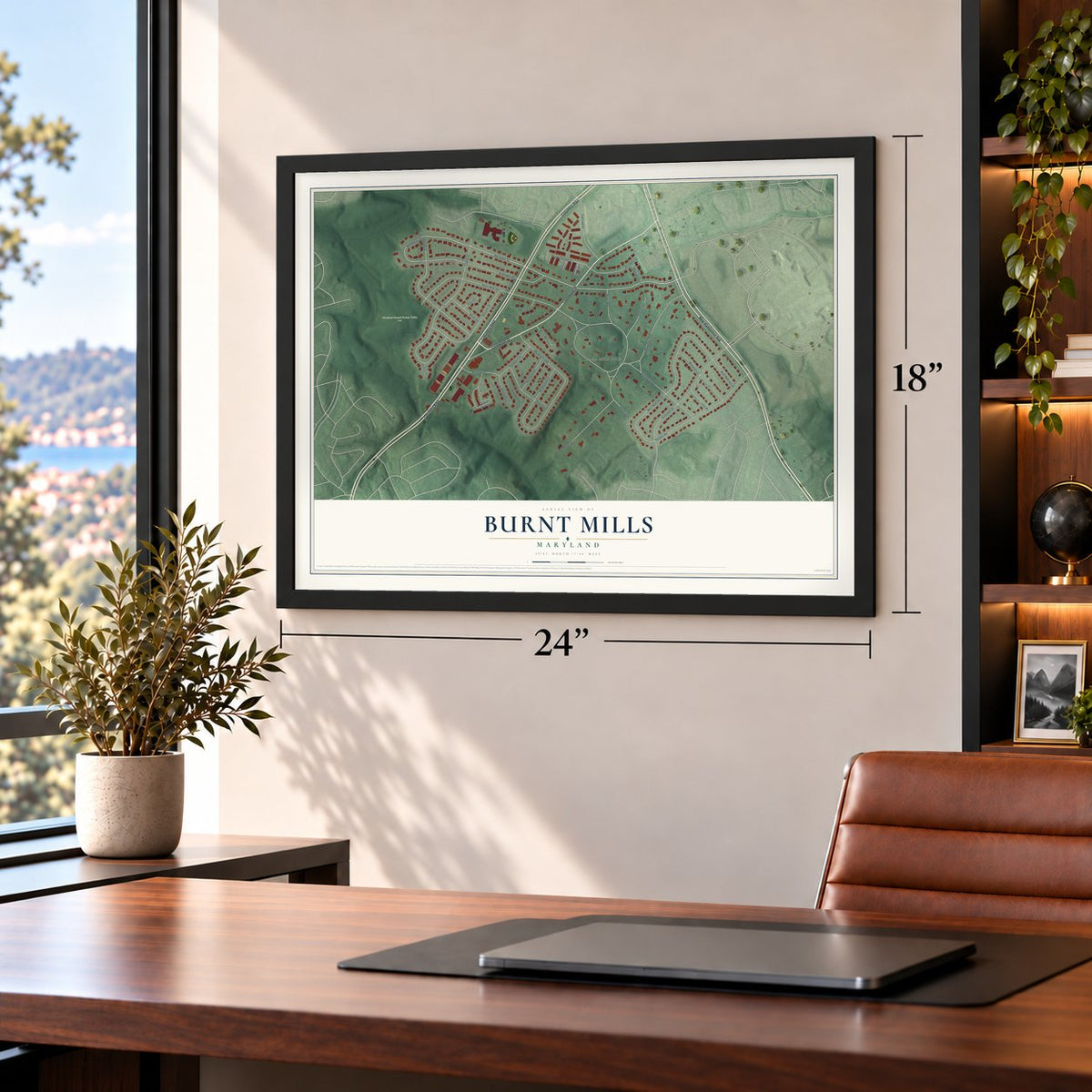 Burnt Mills, Maryland map, 18 x 24 inch print in a black frame in a home office