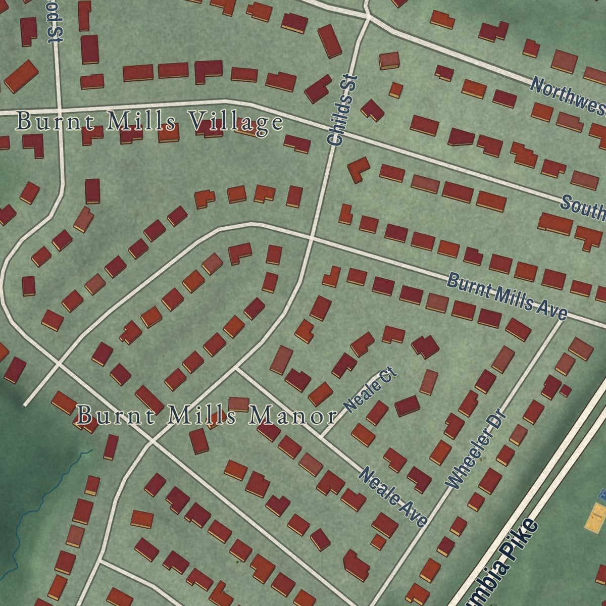 Close-up of the map of Burnt Mills, Maryland print showing street and building detail