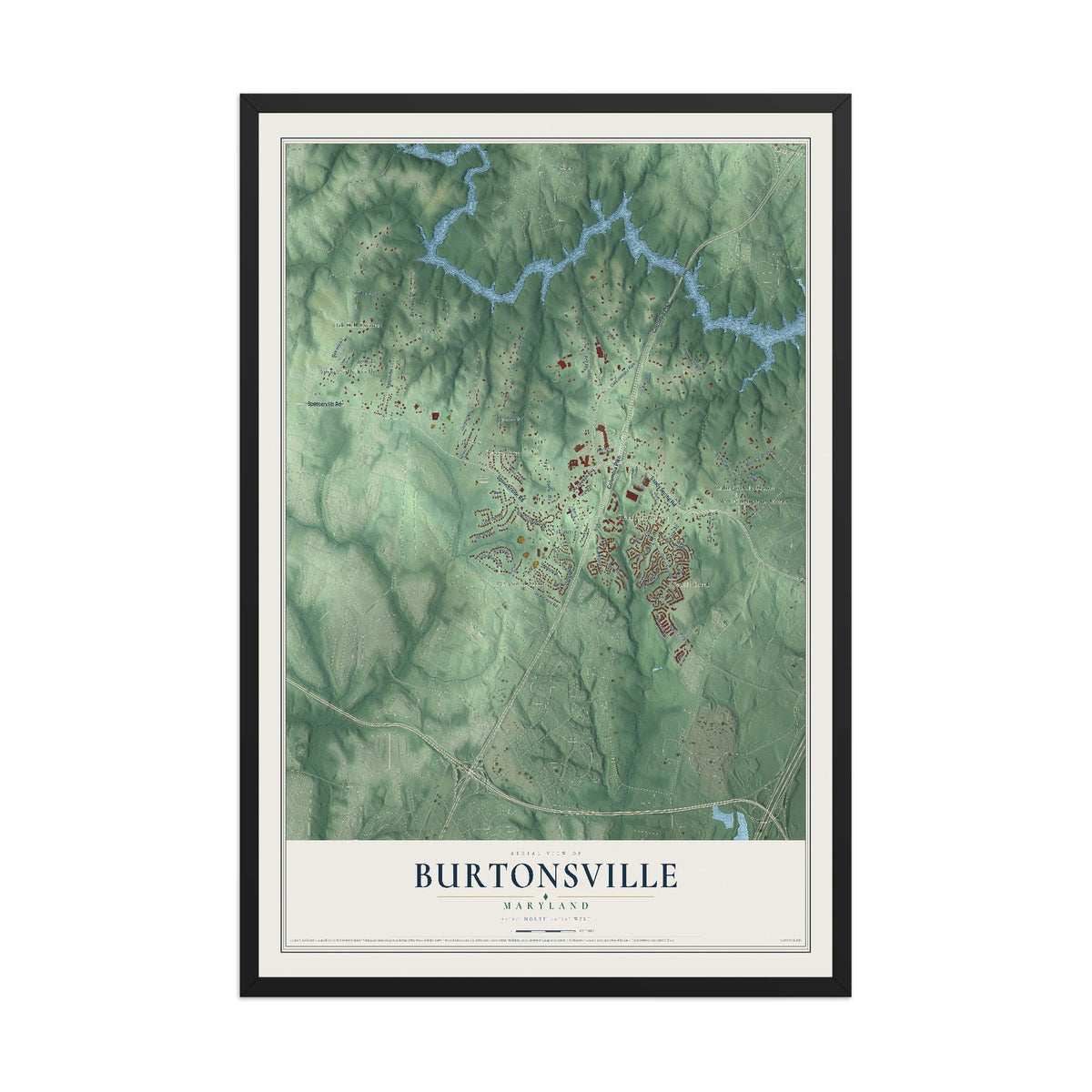Map of Burtonsville, Maryland, 12 x 18 inch print in a black wood frame