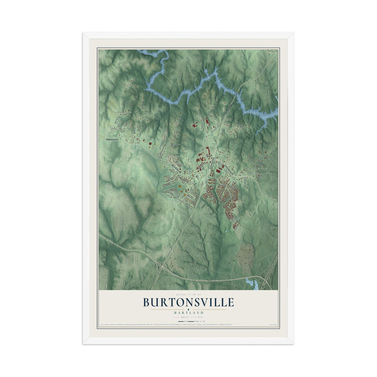 Map of Burtonsville, Maryland, 12 x 18 inch print in a white wood frame