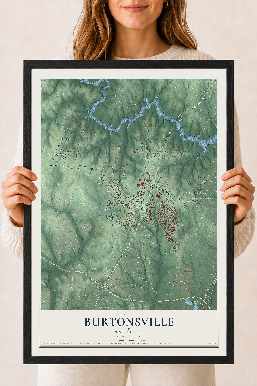 Map of Burtonsville, Maryland, 18 x 24 inch print in a black wood frame