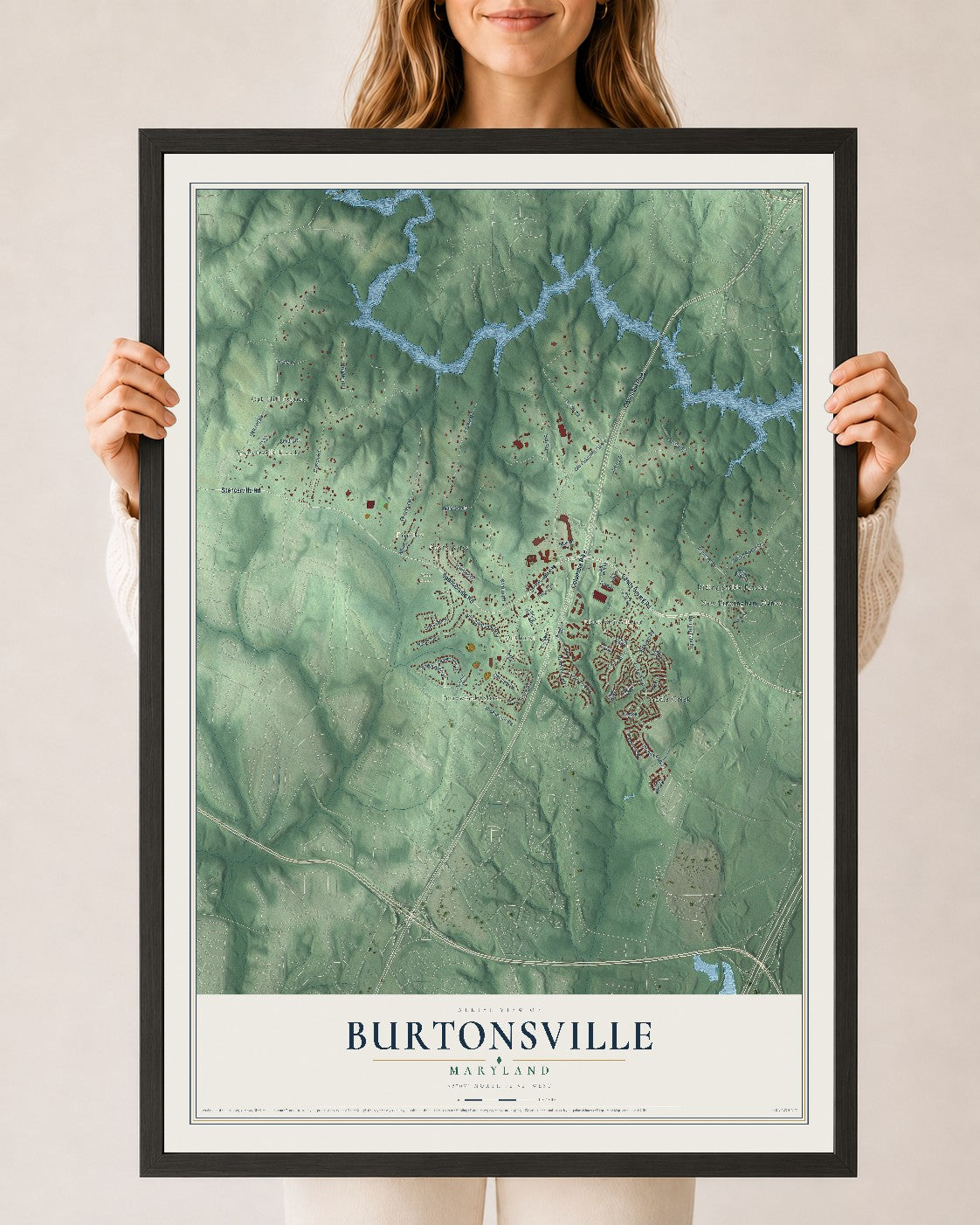 Map of Burtonsville, Maryland, 24 x 36 inch print in a black wood frame