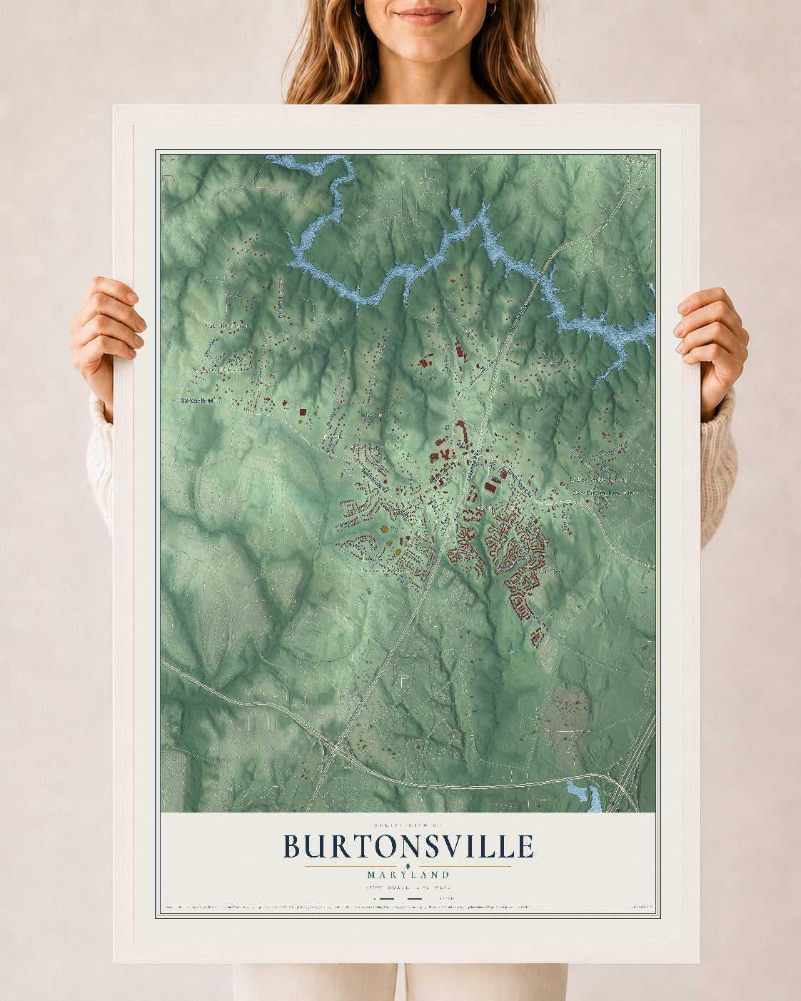 Map of Burtonsville, Maryland, 24 x 36 inch print in a white wood frame