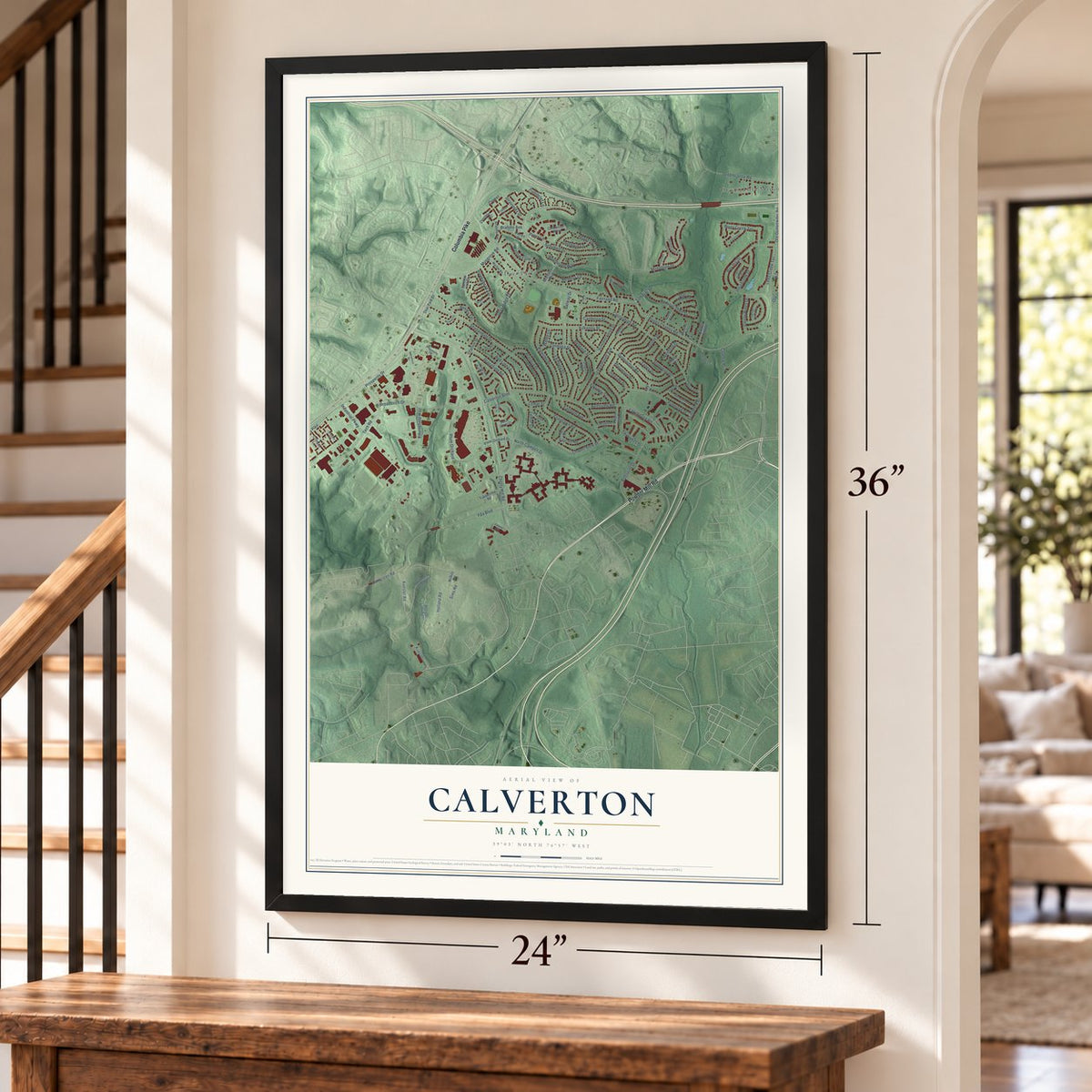 Calverton, Maryland map, 24 x 36 inch print in a black frame by a staircase