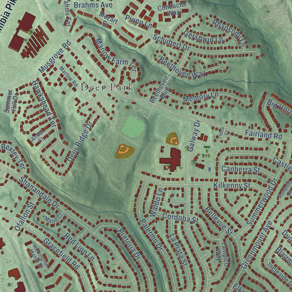 Close-up of the map of Calverton, Maryland print showing street and building detail