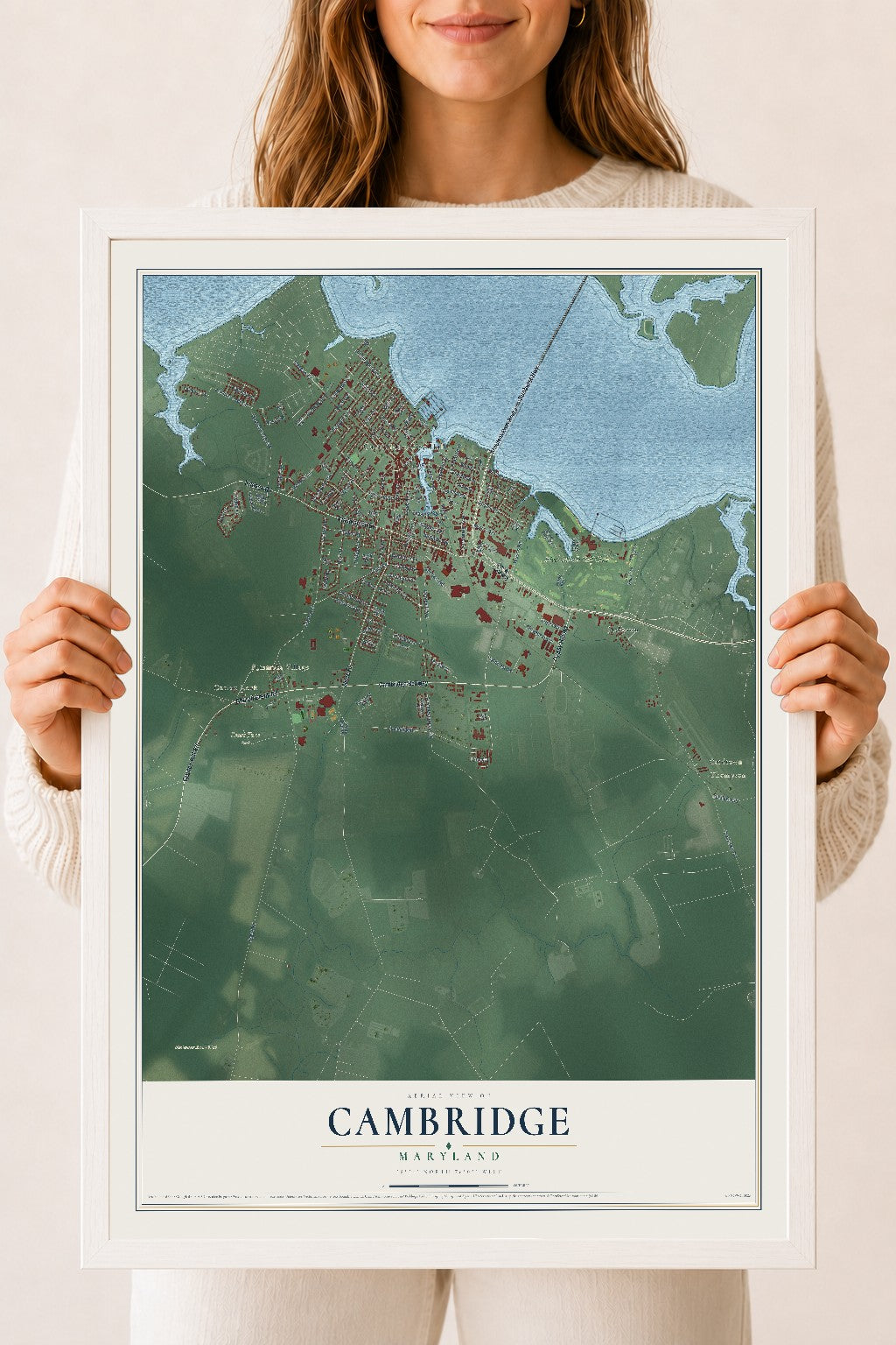 Map of Cambridge, Maryland, 18 x 24 inch print in a white wood frame
