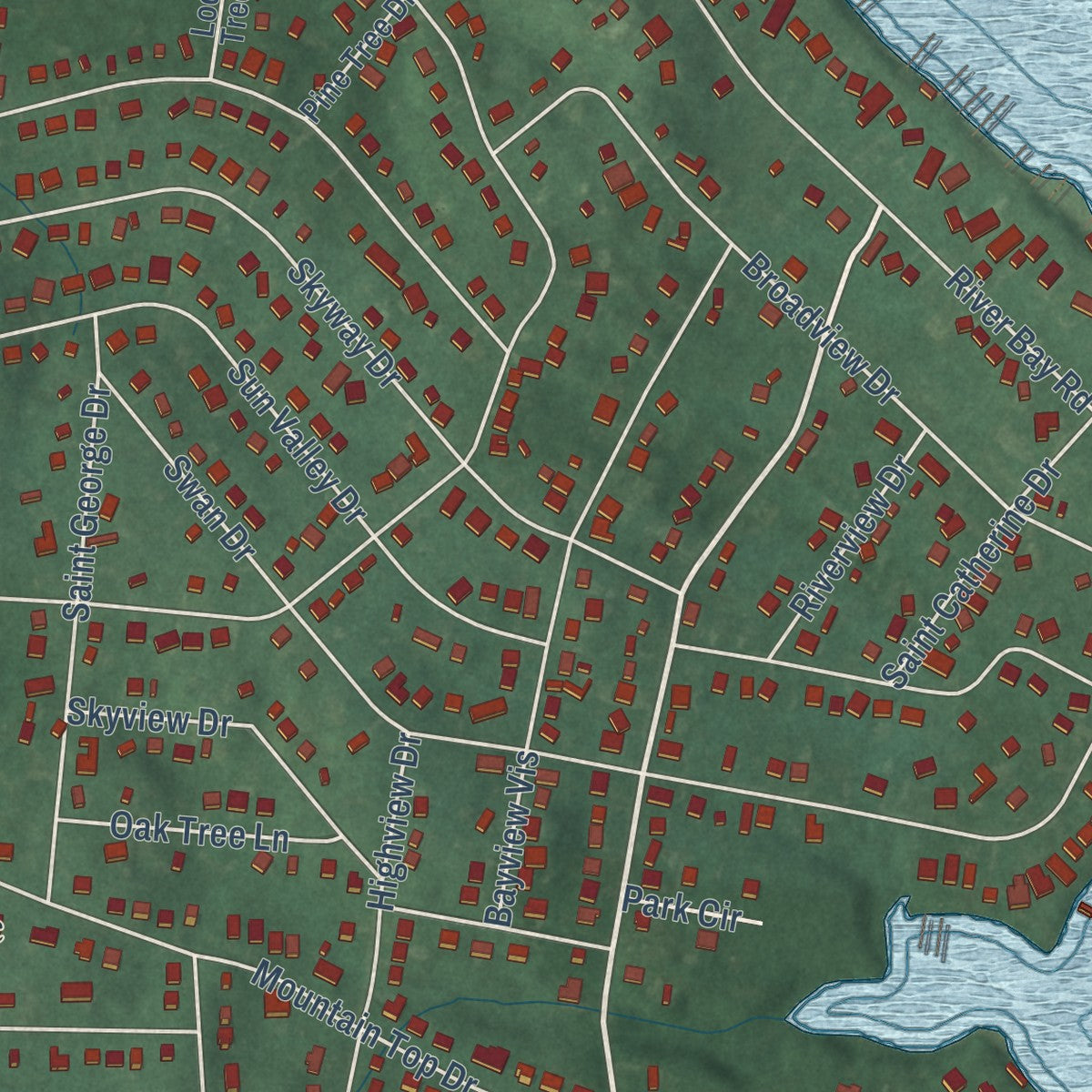 Close-up of the map of Cape St. Claire, Maryland print showing street and building detail