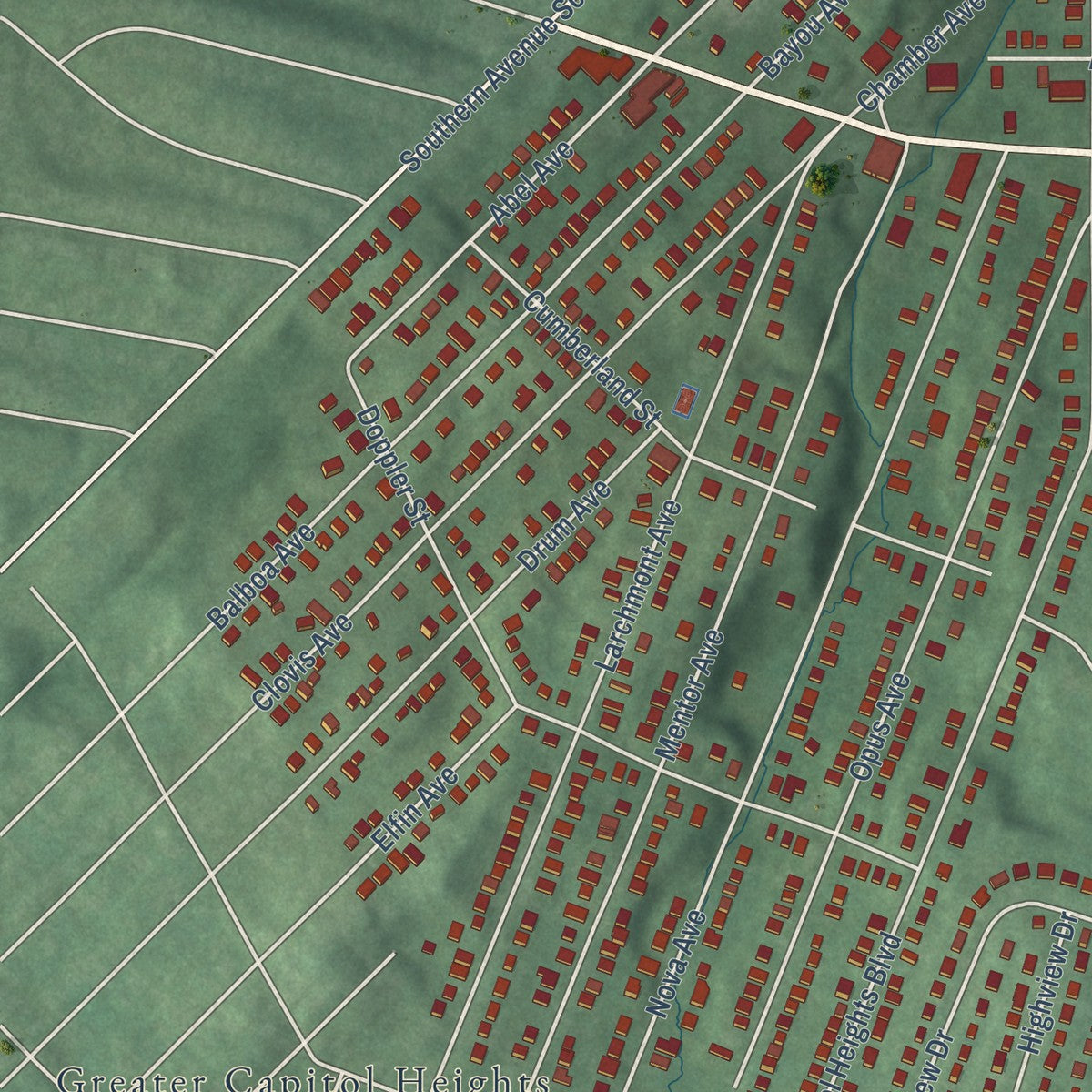 Close-up of the map of Capitol Heights, Maryland print showing street and building detail