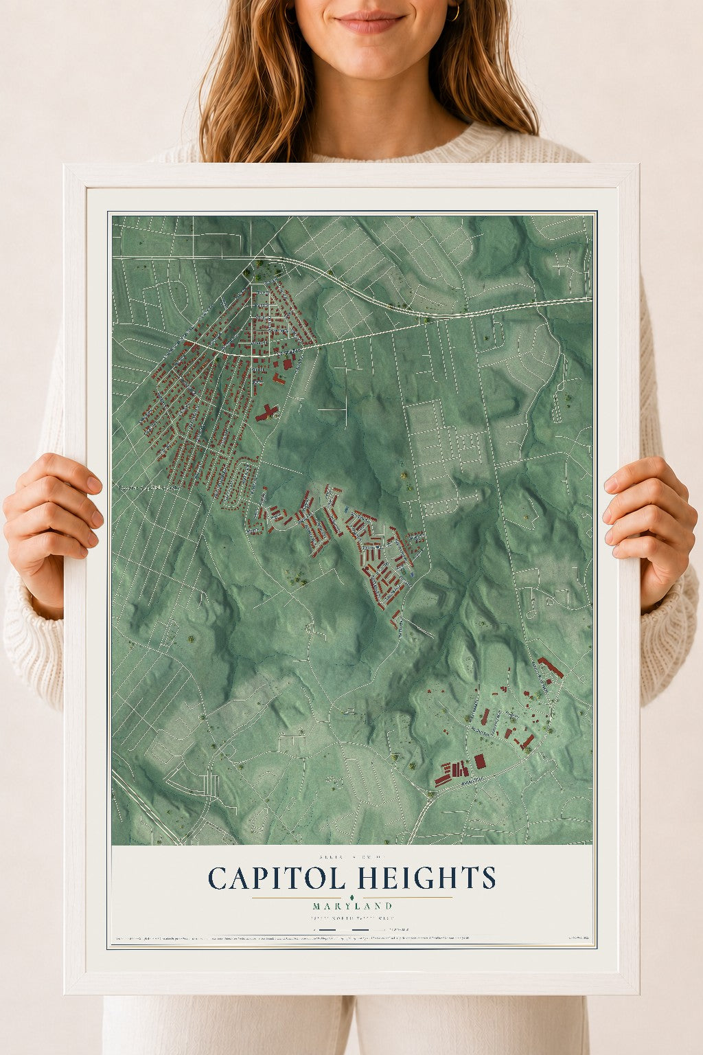 Map of Capitol Heights, Maryland, 18 x 24 inch print in a white wood frame