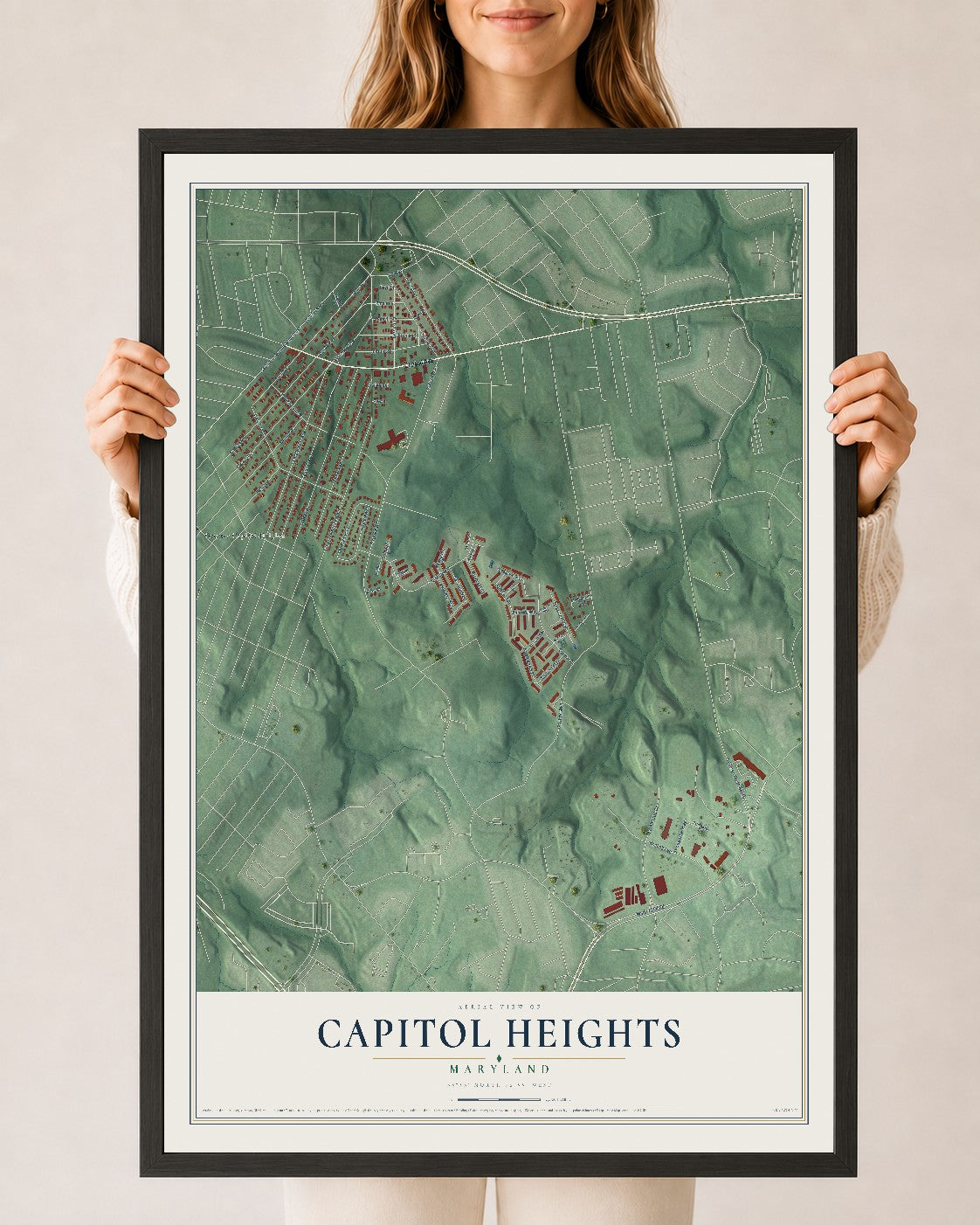 Map of Capitol Heights, Maryland, 24 x 36 inch print in a black wood frame