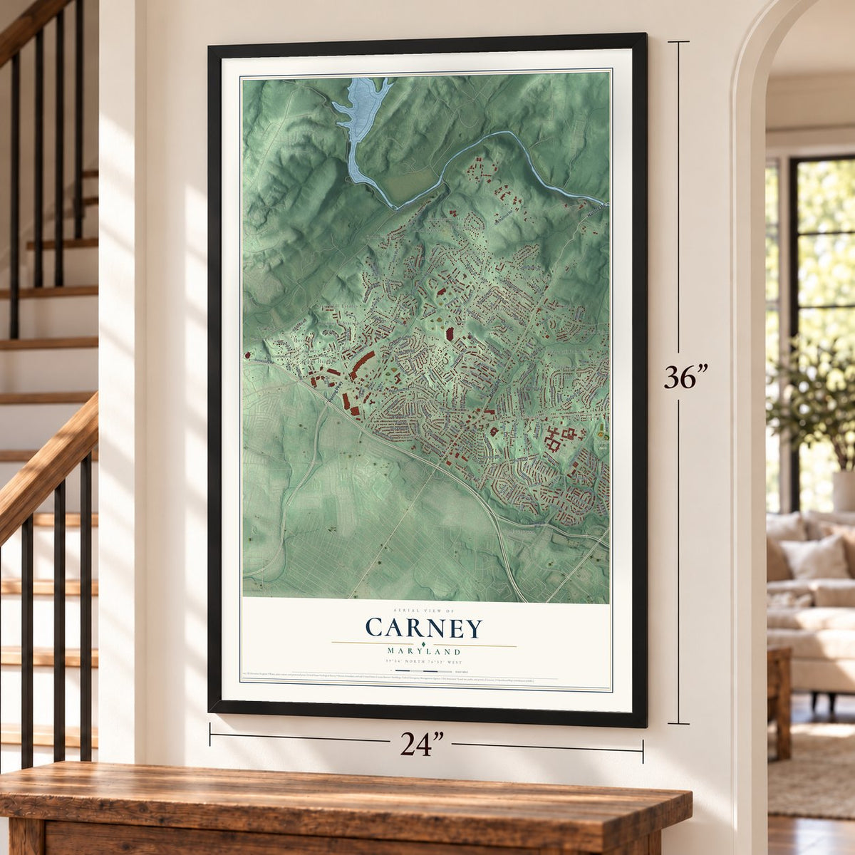 Carney, Maryland map, 24 x 36 inch print in a black frame by a staircase