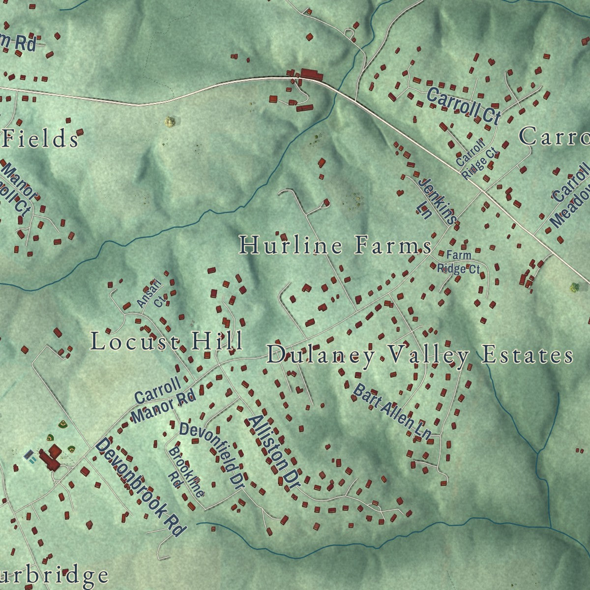 Close-up of the map of Carroll Manor, Maryland print showing street and building detail