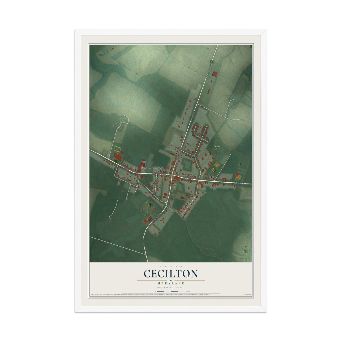 Map of Cecilton, Maryland, 12 x 18 inch print in a white wood frame
