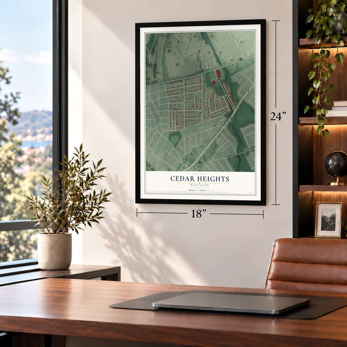 Cedar Heights, Maryland map, 18 x 24 inch print in a black frame in a home office