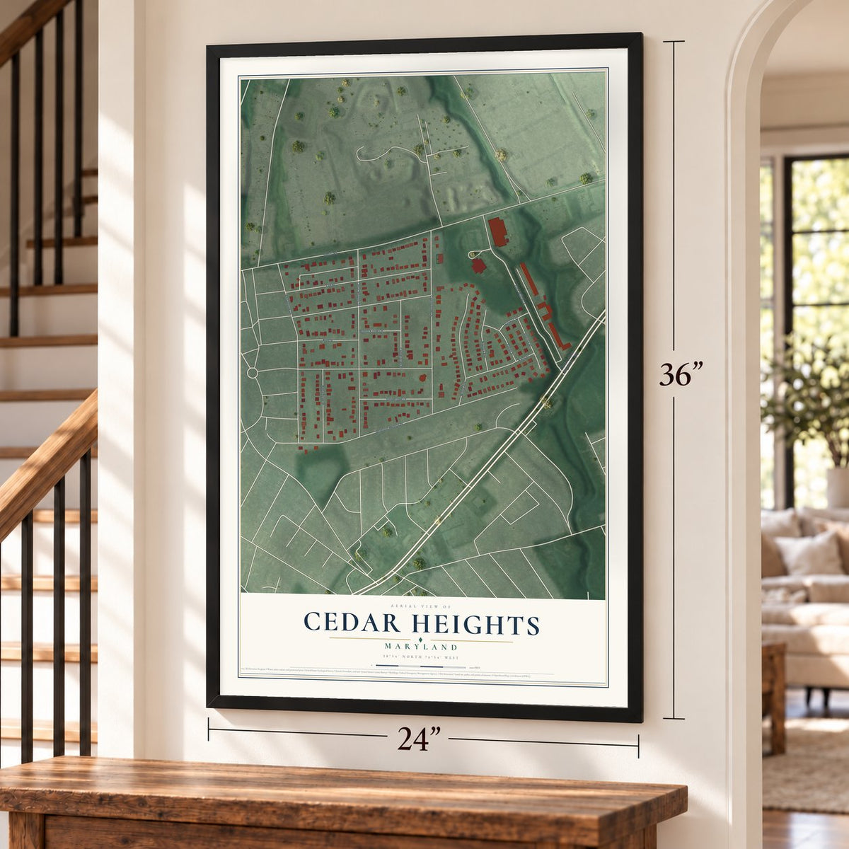 Cedar Heights, Maryland map, 24 x 36 inch print in a black frame by a staircase