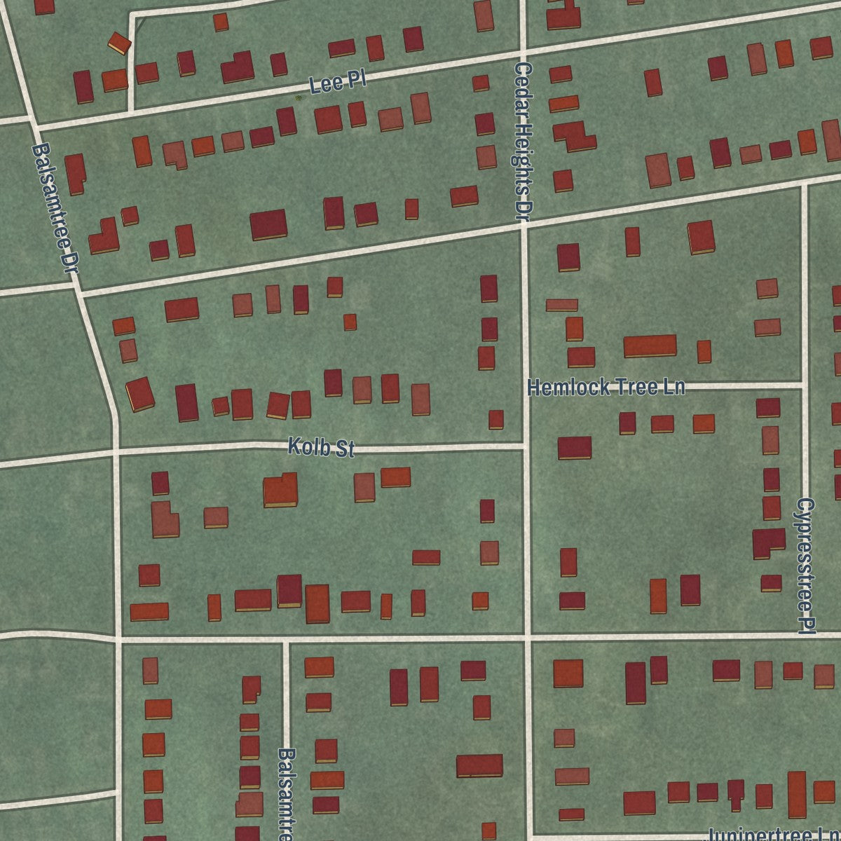 Close-up of the map of Cedar Heights, Maryland print showing street and building detail
