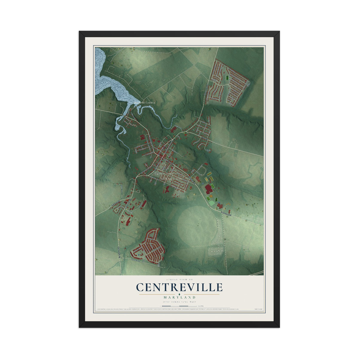 Map of Centreville, Maryland, 12 x 18 inch print in a black wood frame
