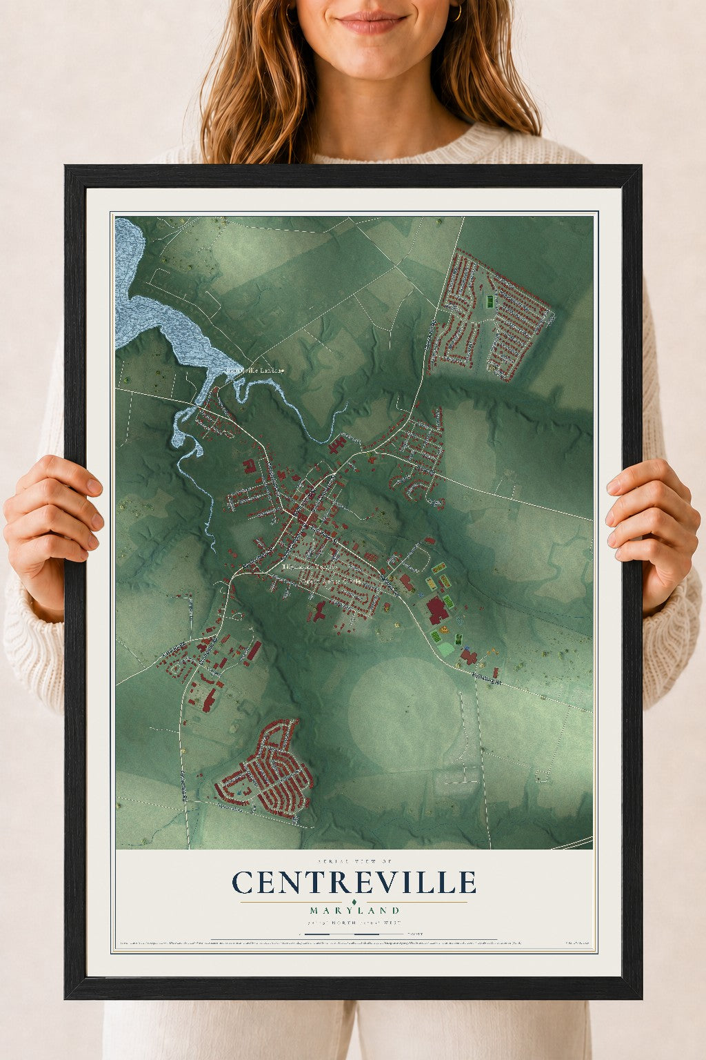 Map of Centreville, Maryland, 18 x 24 inch print in a black wood frame