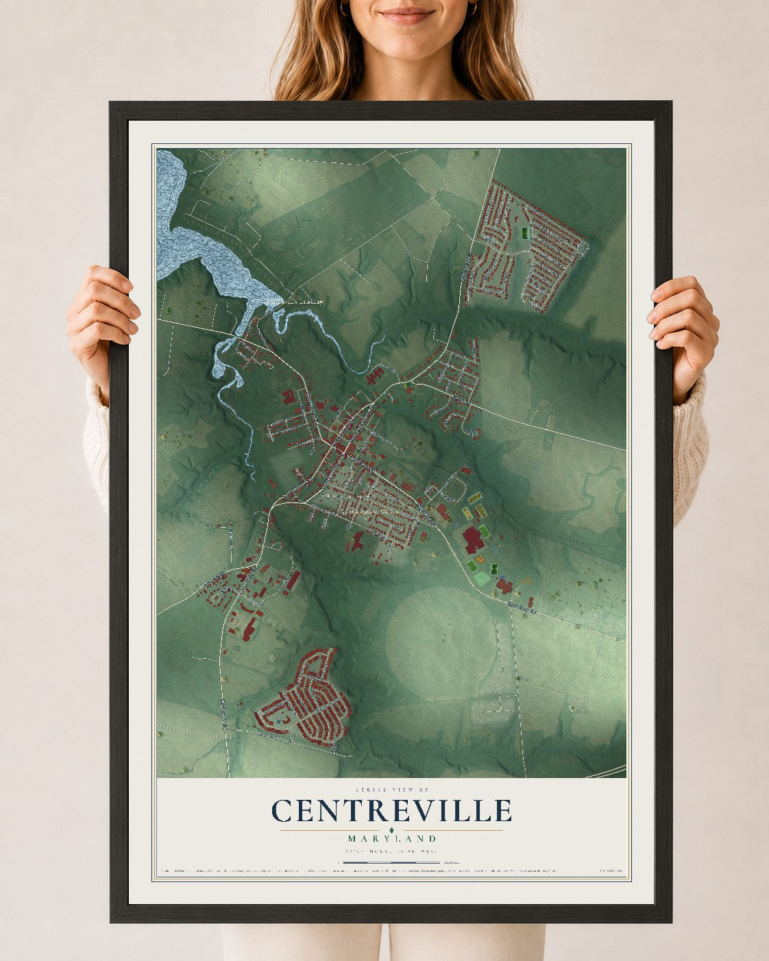 Map of Centreville, Maryland, 24 x 36 inch print in a black wood frame