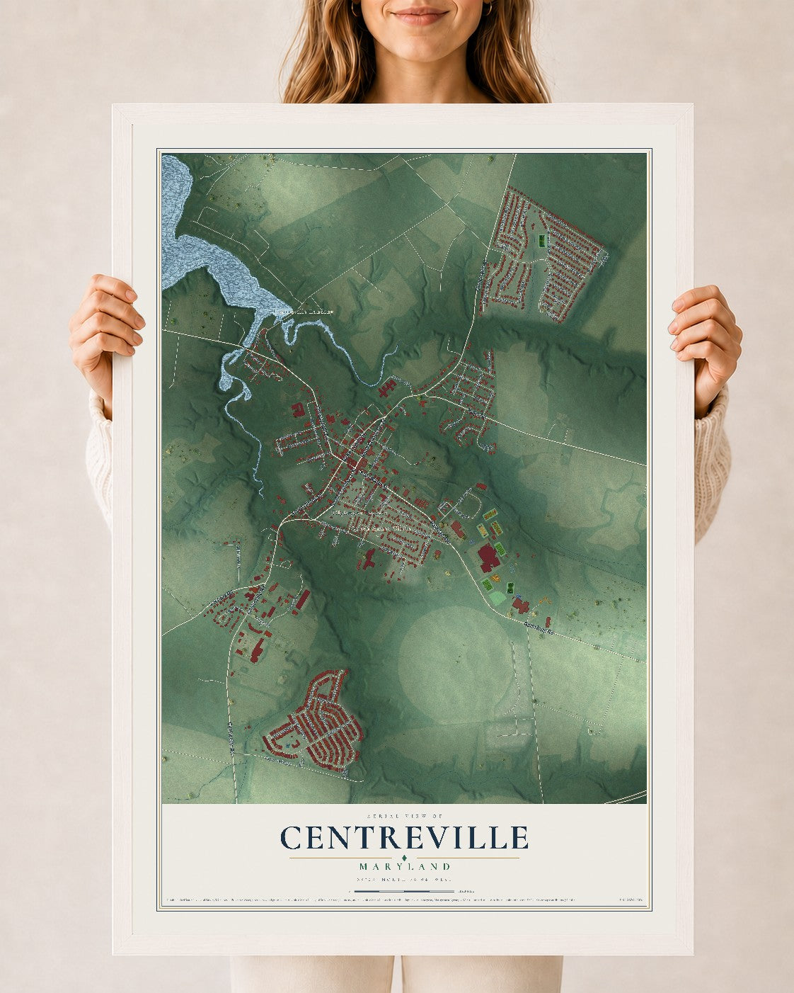 Map of Centreville, Maryland, 24 x 36 inch print in a white wood frame