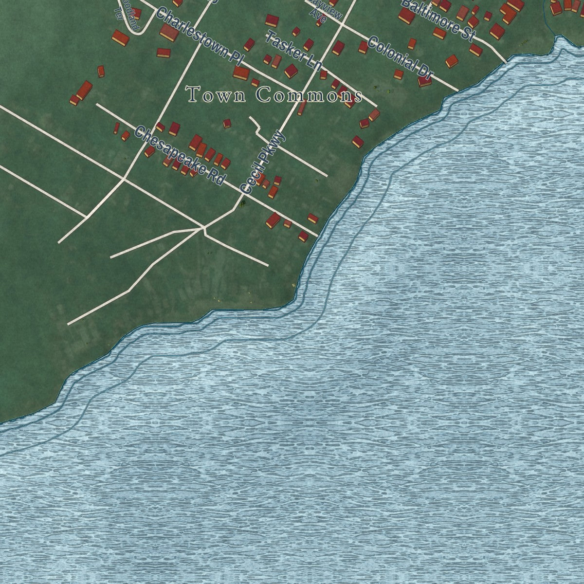 Second close-up of the map of Charlestown, Maryland print showing more streets and buildings