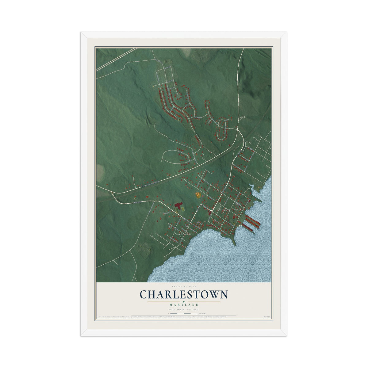 Map of Charlestown, Maryland, 12 x 18 inch print in a white wood frame