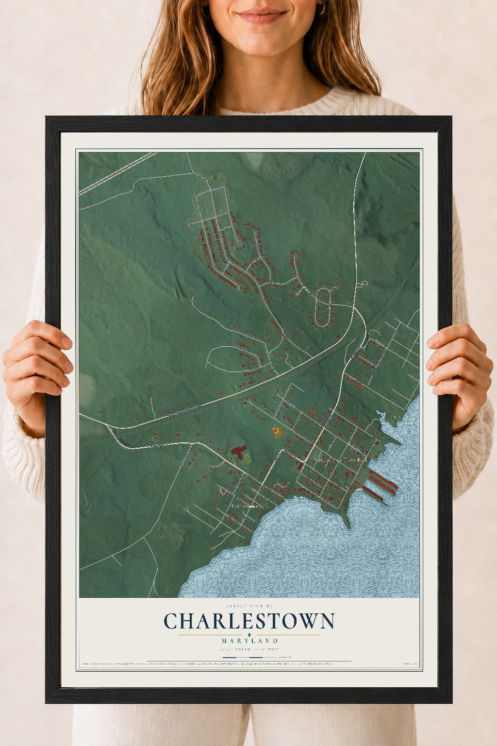 Map of Charlestown, Maryland, 18 x 24 inch print in a black wood frame