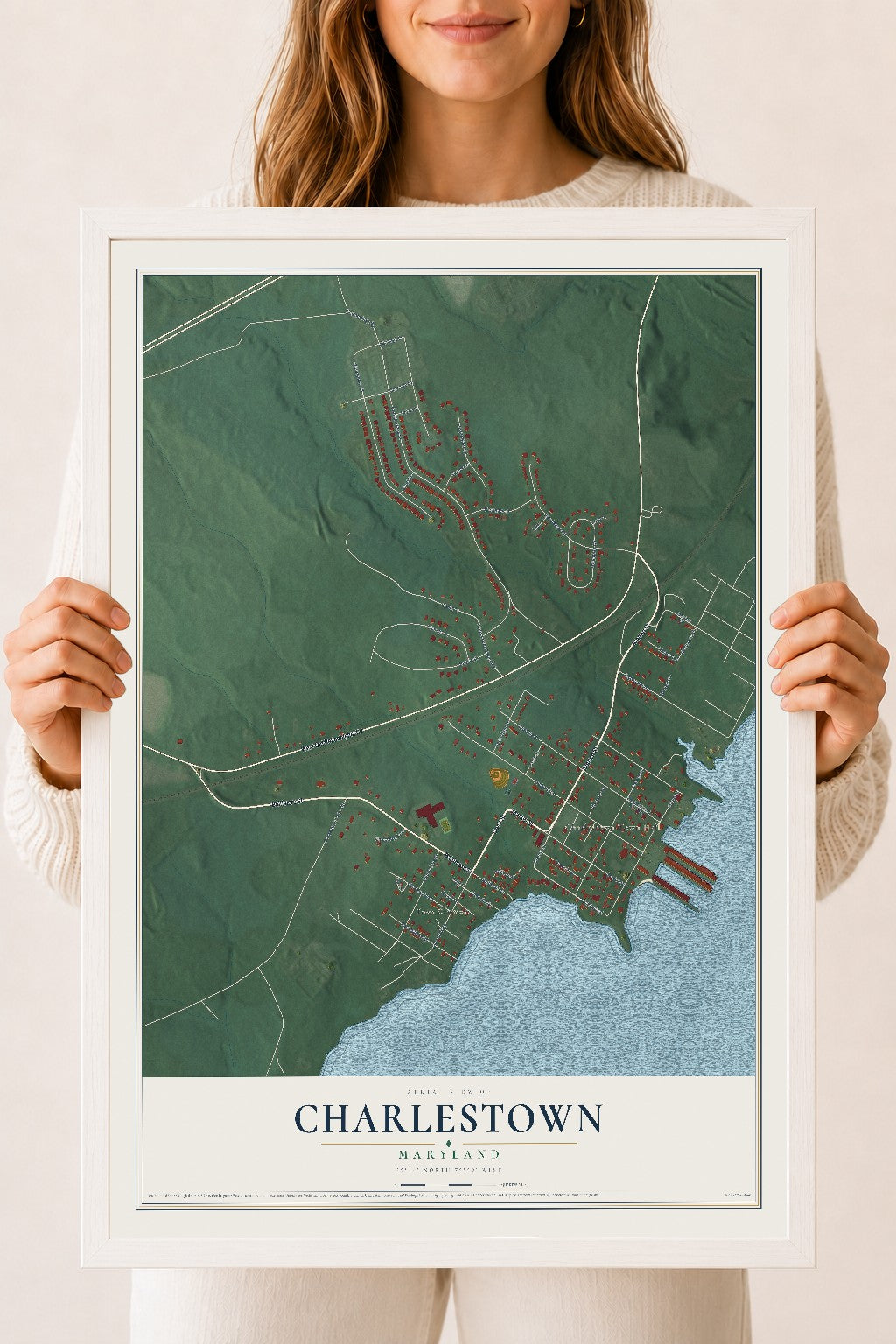 Map of Charlestown, Maryland, 18 x 24 inch print in a white wood frame