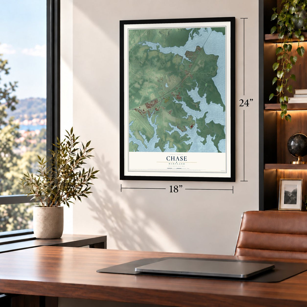 Chase, Maryland map, 18 x 24 inch print in a black frame in a home office