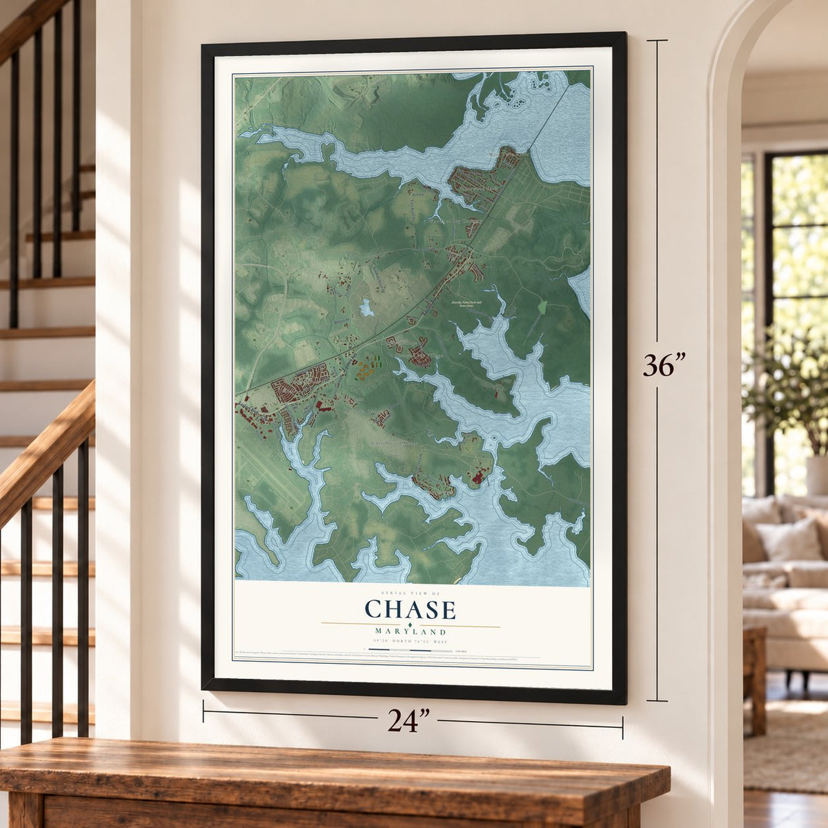 Chase, Maryland map, 24 x 36 inch print in a black frame by a staircase