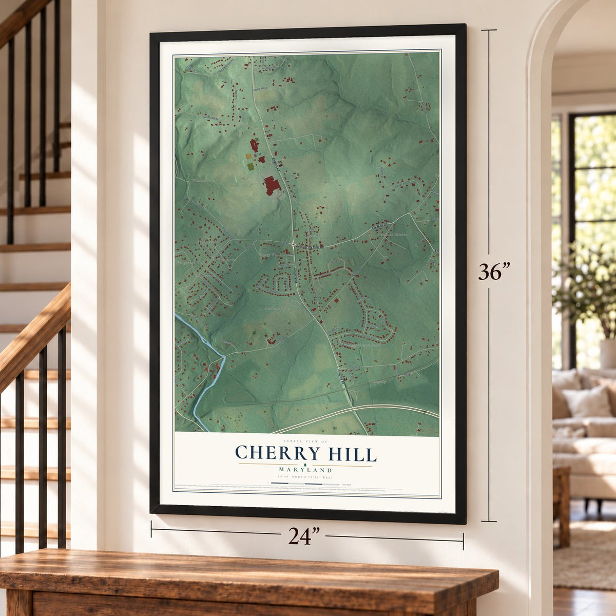 Cherry Hill, Cecil County, Maryland map, 24 x 36 inch print in a black frame by a staircase