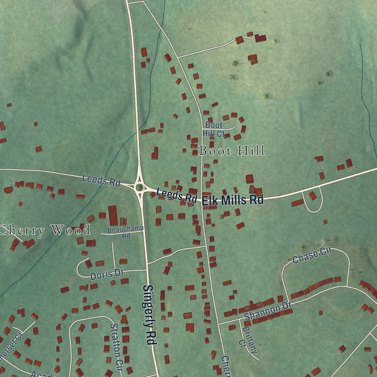 Close-up of the map of Cherry Hill, Cecil County, Maryland print showing street and building detail
