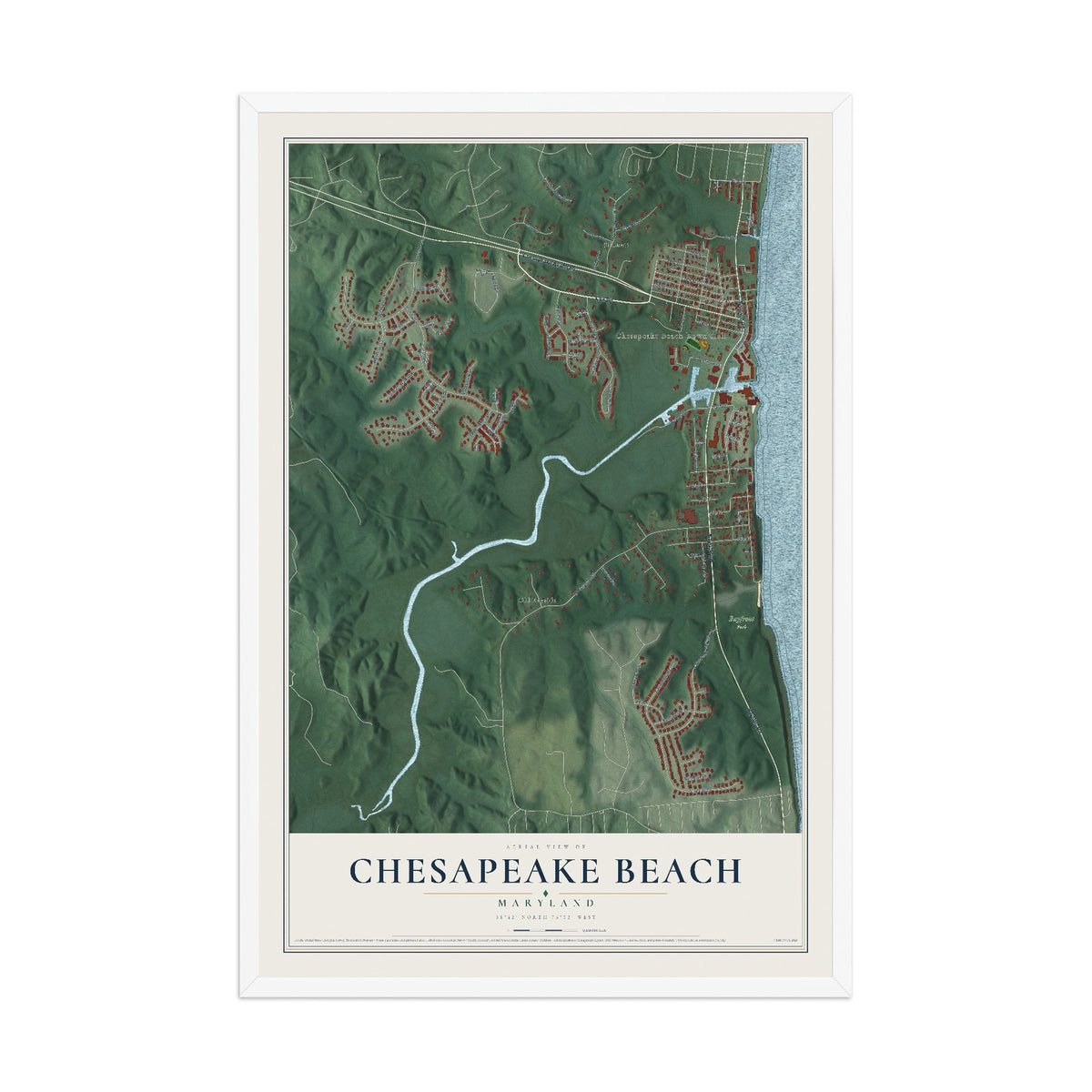 Map of Chesapeake Beach, Maryland, 12 x 18 inch print in a white wood frame