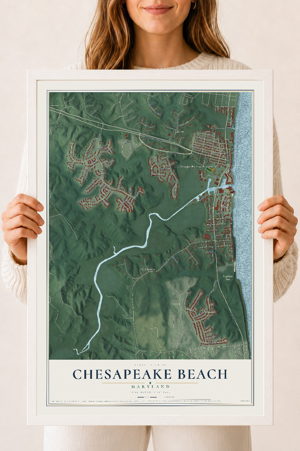 Map of Chesapeake Beach, Maryland, 18 x 24 inch print in a white wood frame