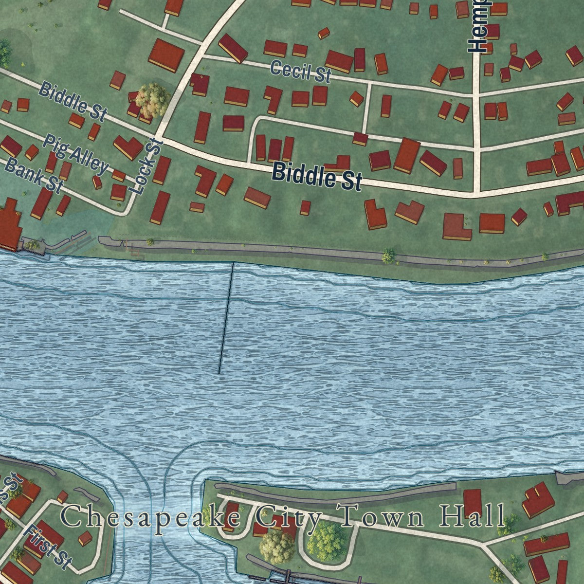 Close-up of the map of Chesapeake City, Maryland print showing street and building detail