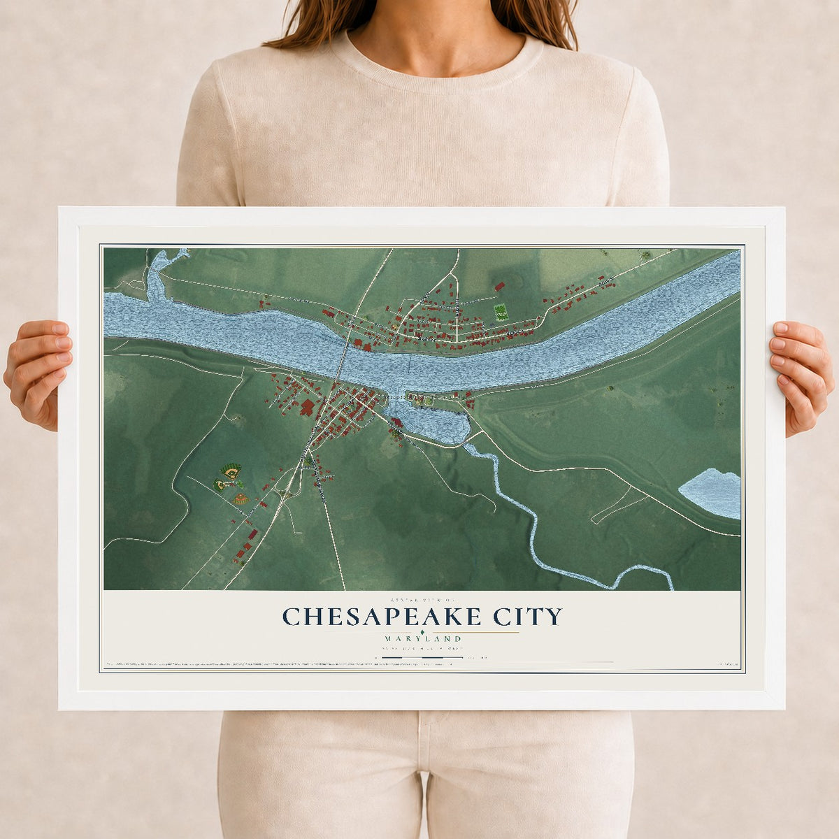 Map of Chesapeake City, Maryland, 12 x 18 inch print in a white wood frame