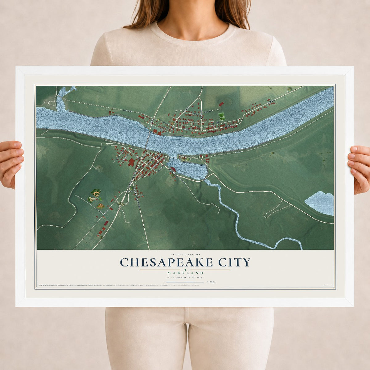 Map of Chesapeake City, Maryland, 18 x 24 inch print in a white wood frame