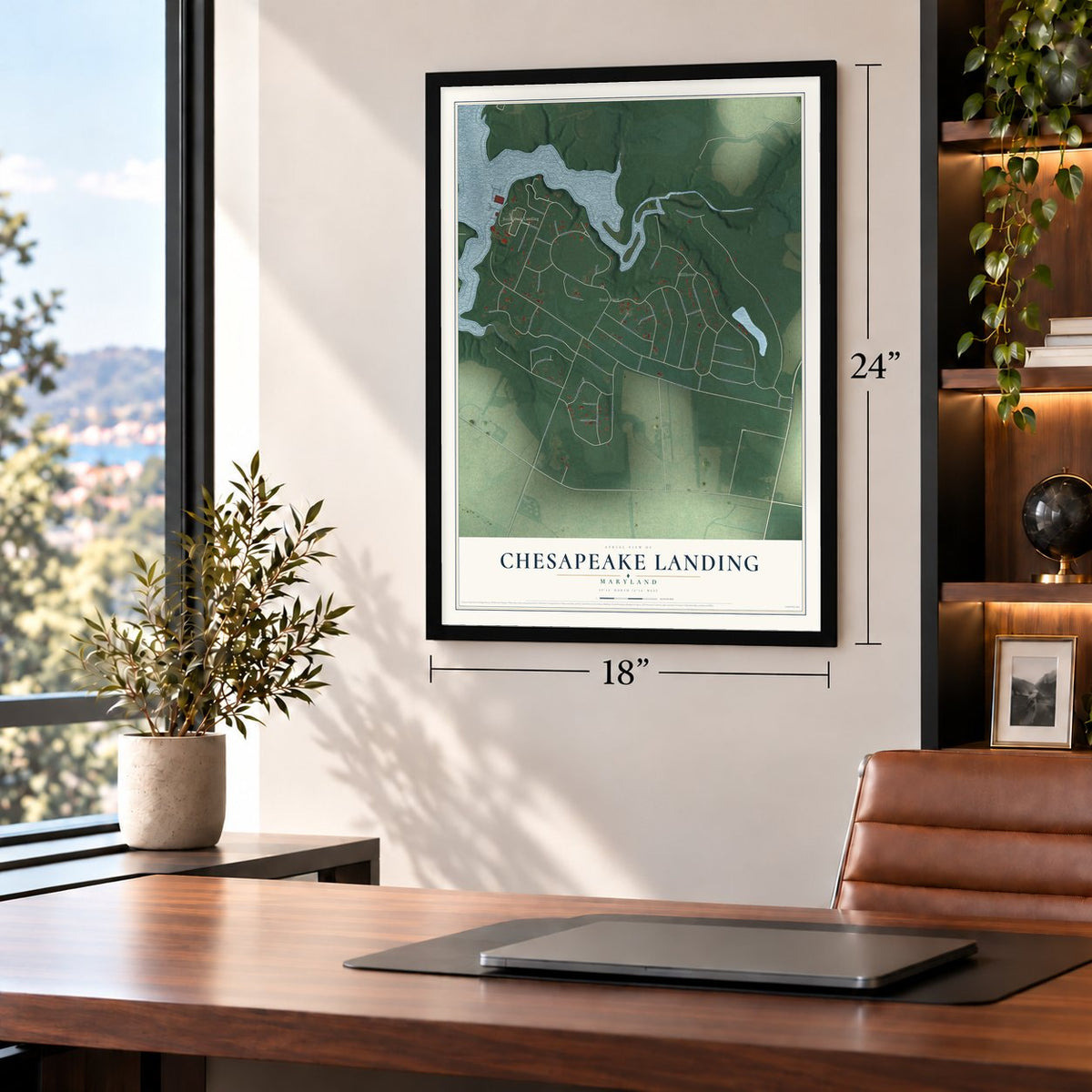 Chesapeake Landing, Maryland map, 18 x 24 inch print in a black frame in a home office