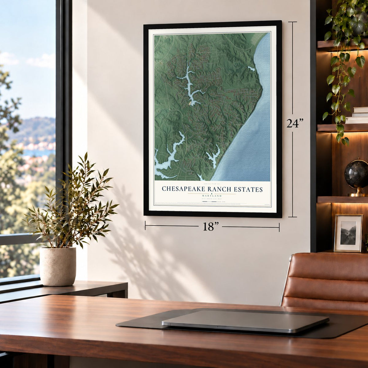Chesapeake Ranch Estates, Maryland map, 18 x 24 inch print in a black frame in a home office