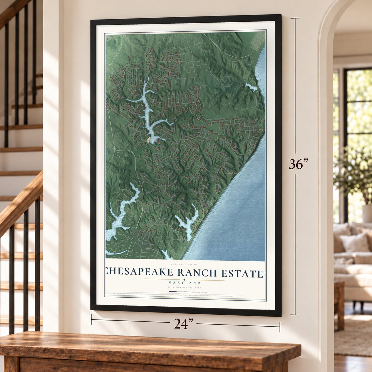 Chesapeake Ranch Estates, Maryland map, 24 x 36 inch print in a black frame by a staircase