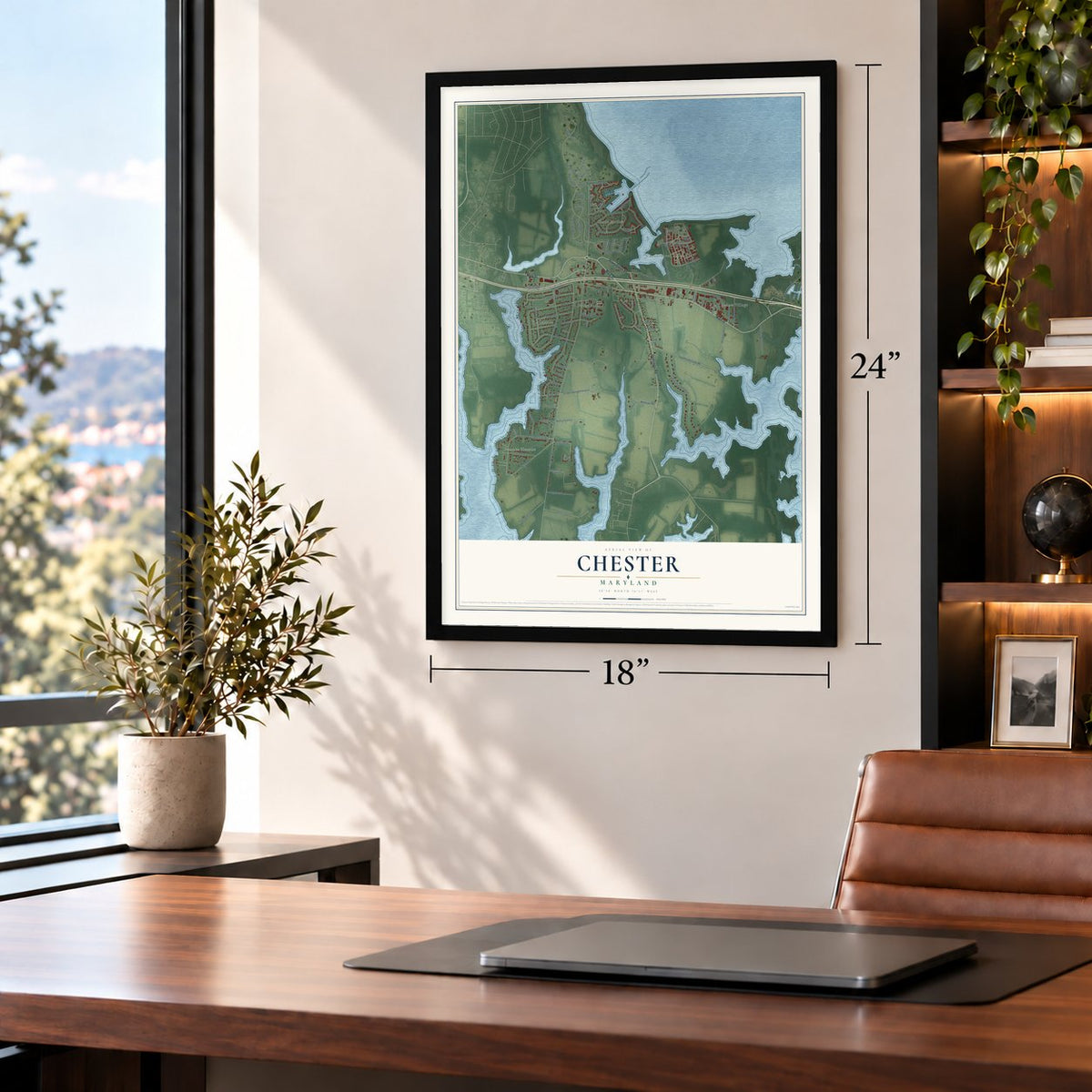 Chester, Maryland map, 18 x 24 inch print in a black frame in a home office