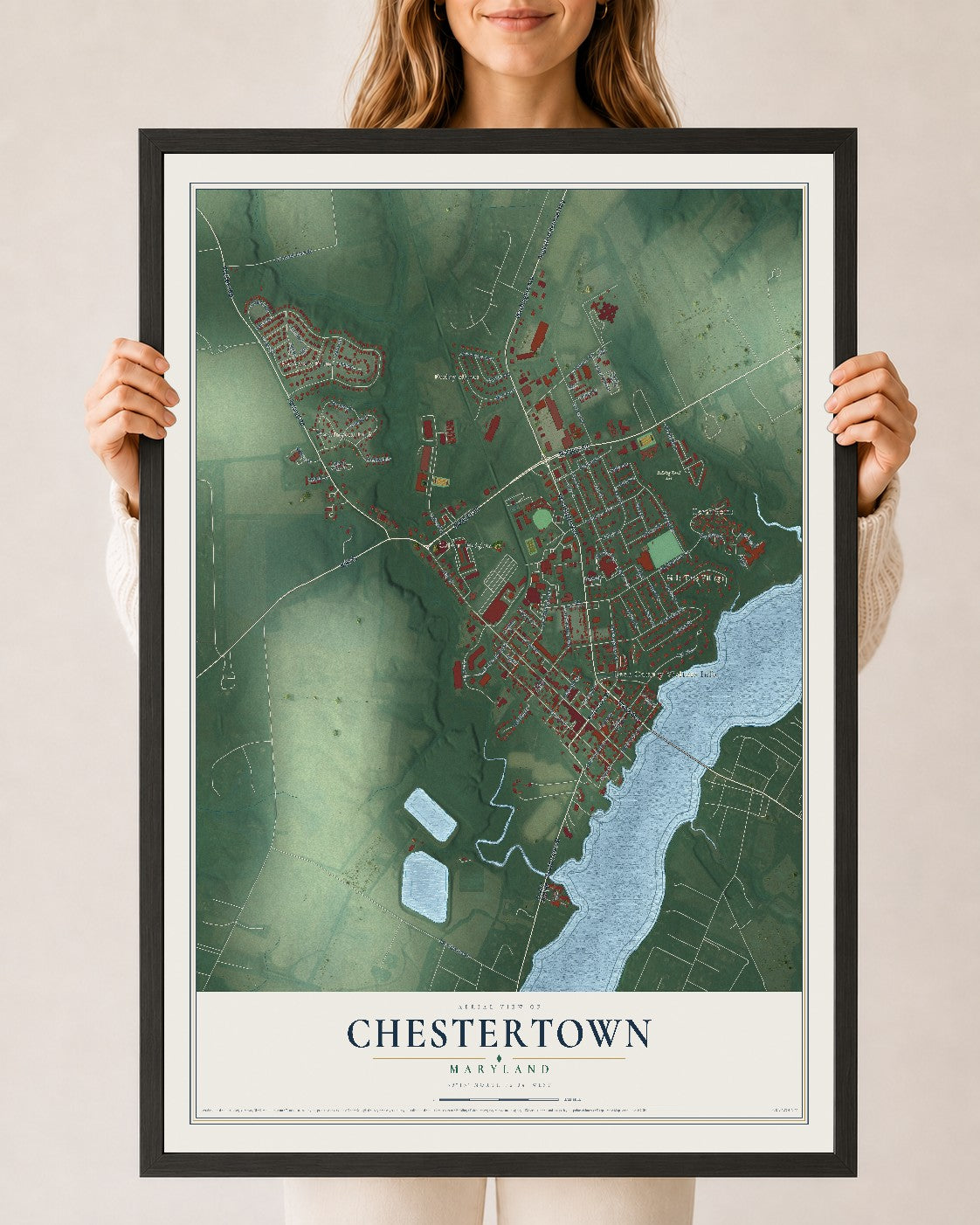 Map of Chestertown, Maryland, 24 x 36 inch print in a black wood frame