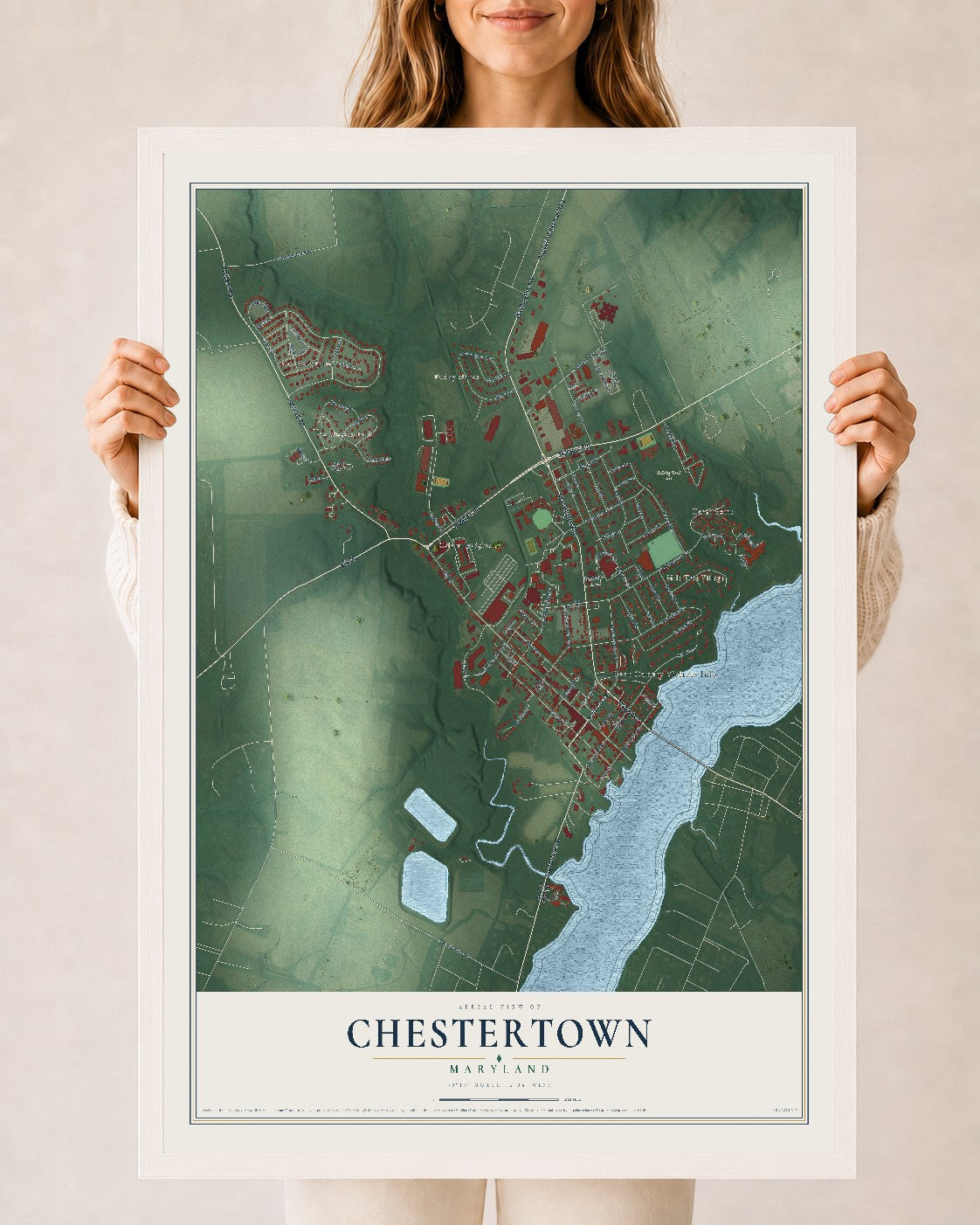 Map of Chestertown, Maryland, 24 x 36 inch print in a white wood frame