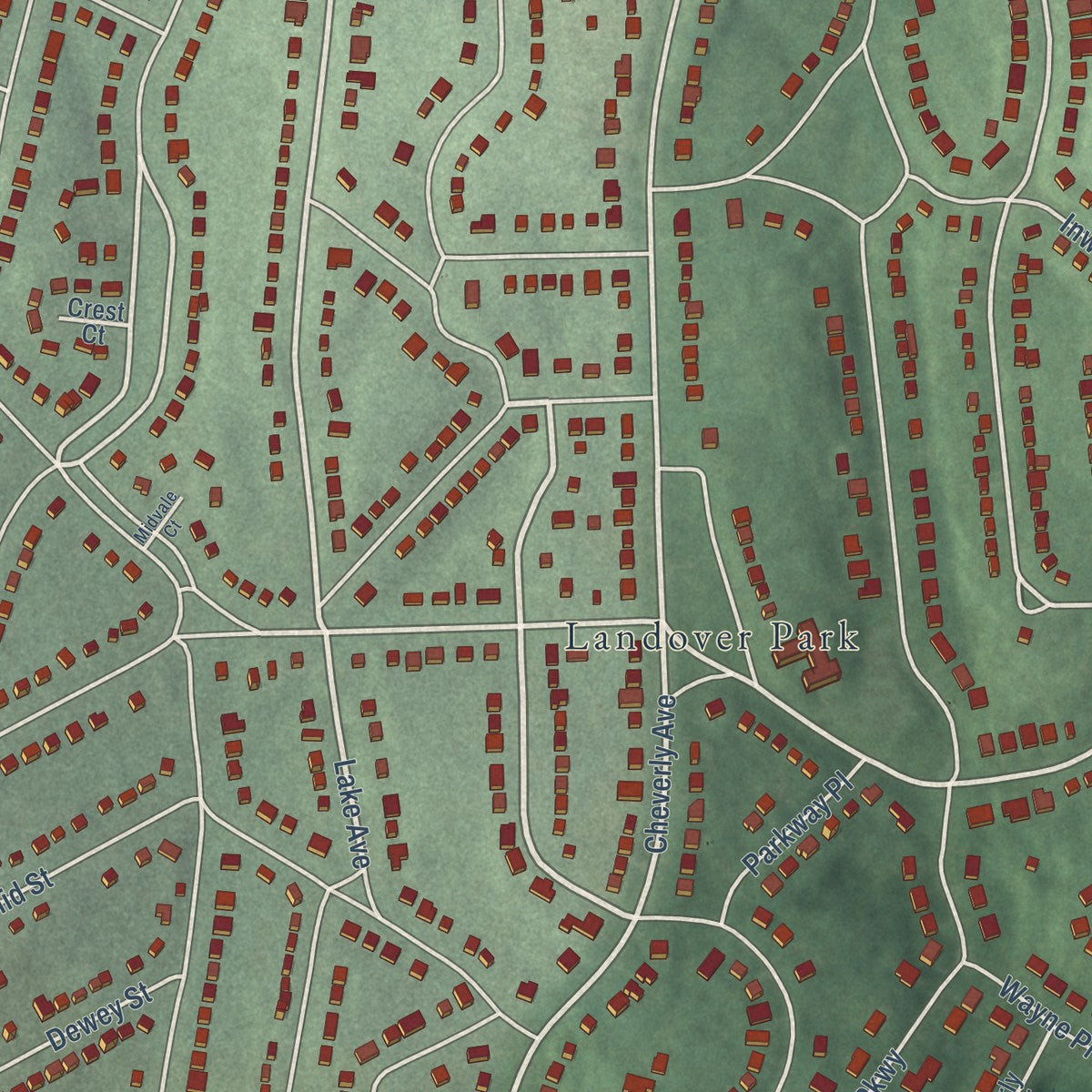 Close-up of the map of Cheverly, Maryland print showing street and building detail