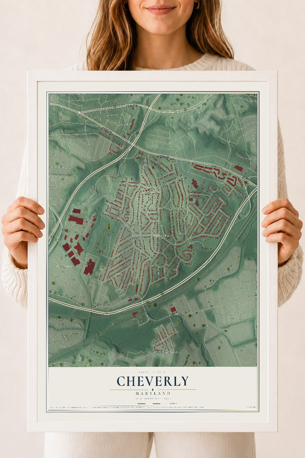 Map of Cheverly, Maryland, 18 x 24 inch print in a white wood frame