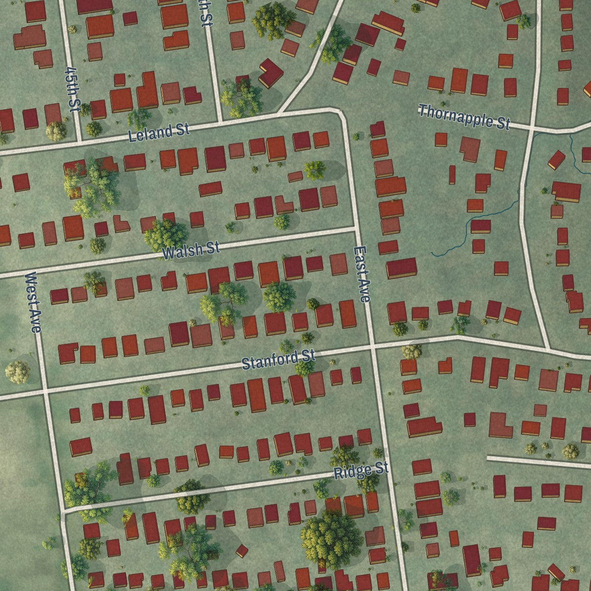 Close-up of the map of Chevy Chase, Maryland print showing street and building detail