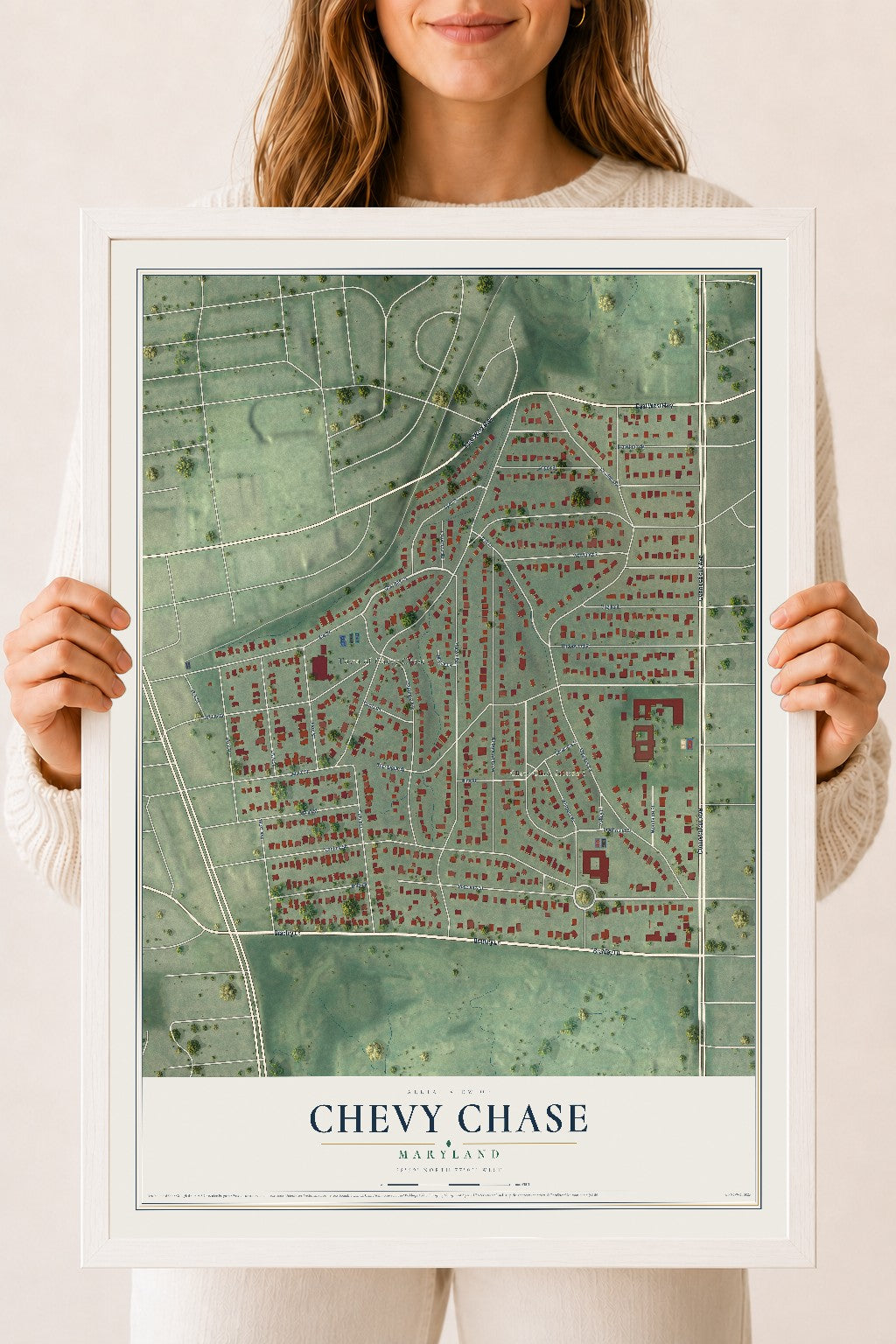 Map of Chevy Chase, Maryland, 18 x 24 inch print in a white wood frame